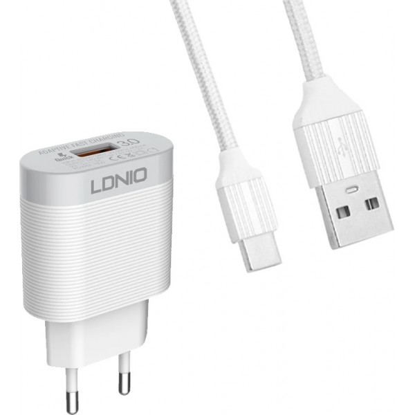 Ldnio Φορτιστής με Θύρα USB-A και Καλώδιο USB-C 18W Quick Charge 3.0 Λευκός (A303Q)